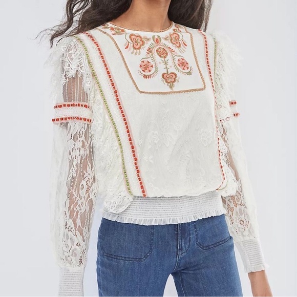 Anthropologie Bl-NK Tali Embroidered Lace Top S NWT - Picture 1 of 12